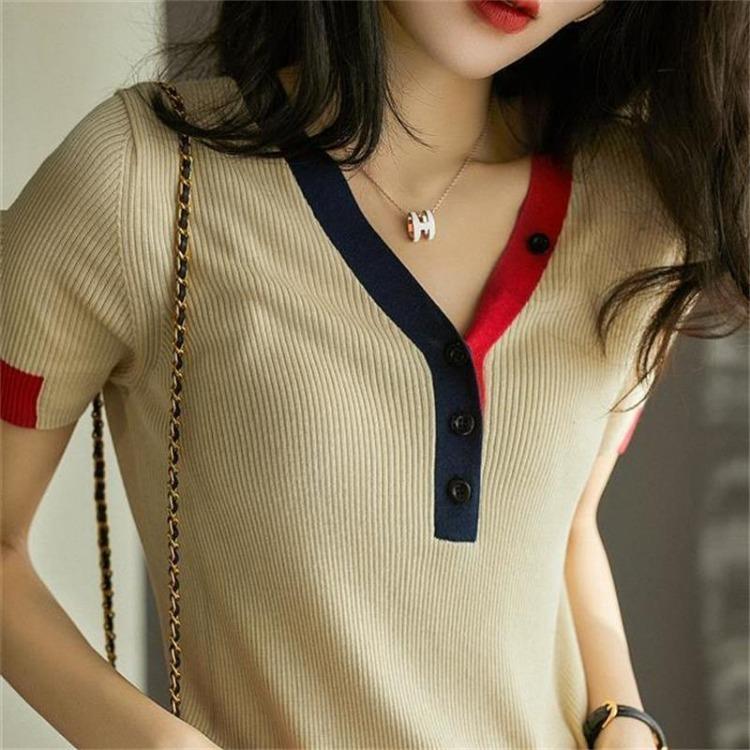 Cămașă din tricot subțire de vară, cu mâneci scurte, din mătase de gheață, pentru femei, în stil francez, de culoare contrastantă, cu decolteu în V, tricou cu dungi Top pulover