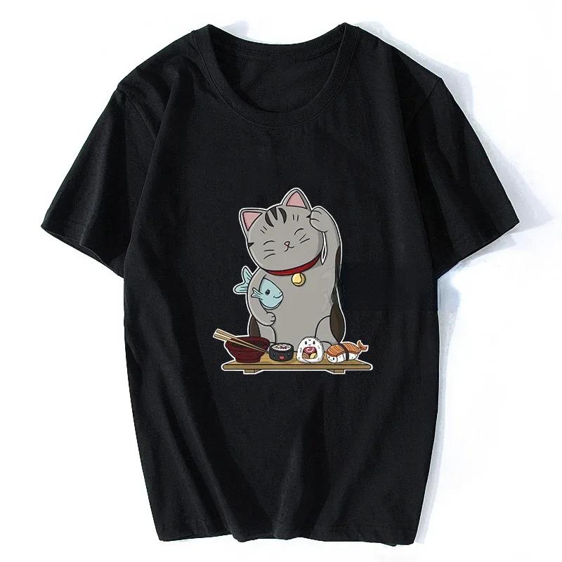 Japanese Cat Anime Neko RaUnisex T Shirt Unisex Women Aesthetic Loose Breathable Vintage Tshirt Harajuku Streetwear Camisetas Hombre