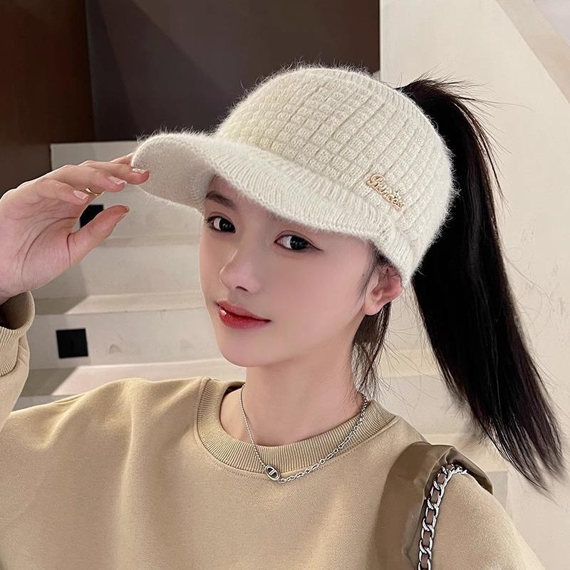 Empty top wool hat female autumn and winter leaking ponytail cycling to keep warm knitted confinement morning running thickened baseball cap