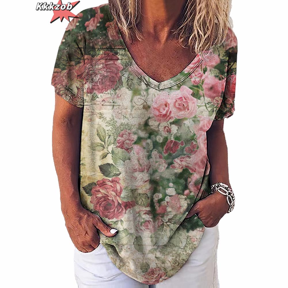 Vintage Print Top Women Short Sleeved Streetwear Summer Tee Women's Fashion Casual V Neck T Shirts Y2k Oversized Female Clothing