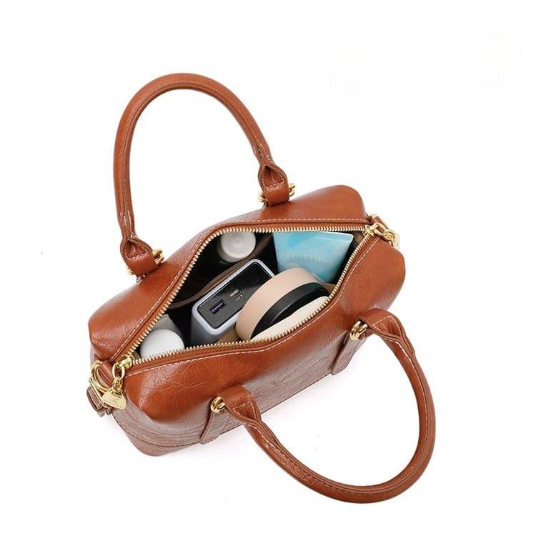 Vintage Oilwax Leather Boston Bag Women's Portable Messenger Bag