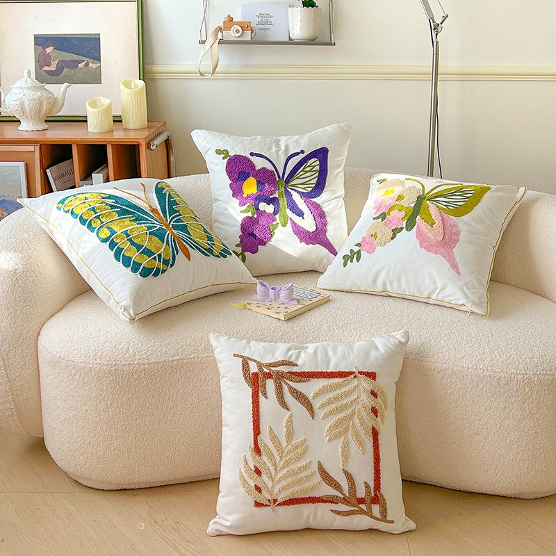 Spring Flower Embroidered Throw Pillowcase Cojines Canvas Towel Embroideried Sofa Square Cushion Cover Headboard Pillowcases