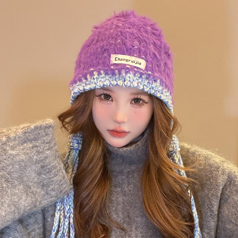 Women's Tassel Long Braid Plush Knitted Hat Face Showing Small Cold Warm Ear Protection Fashionable and Versatile Cold Hat