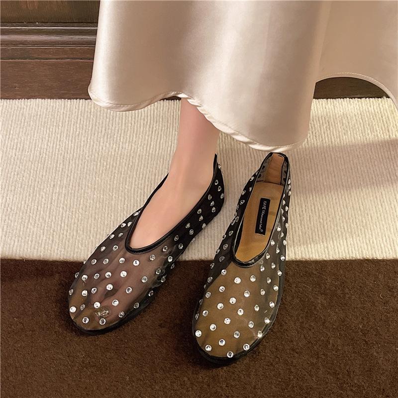 Women Flats Luxury Crystal Rivet Design Sandals Summer Mesh Breathable Ballet Shoes Plus Size Ladies Elegant Party Dress Loafers