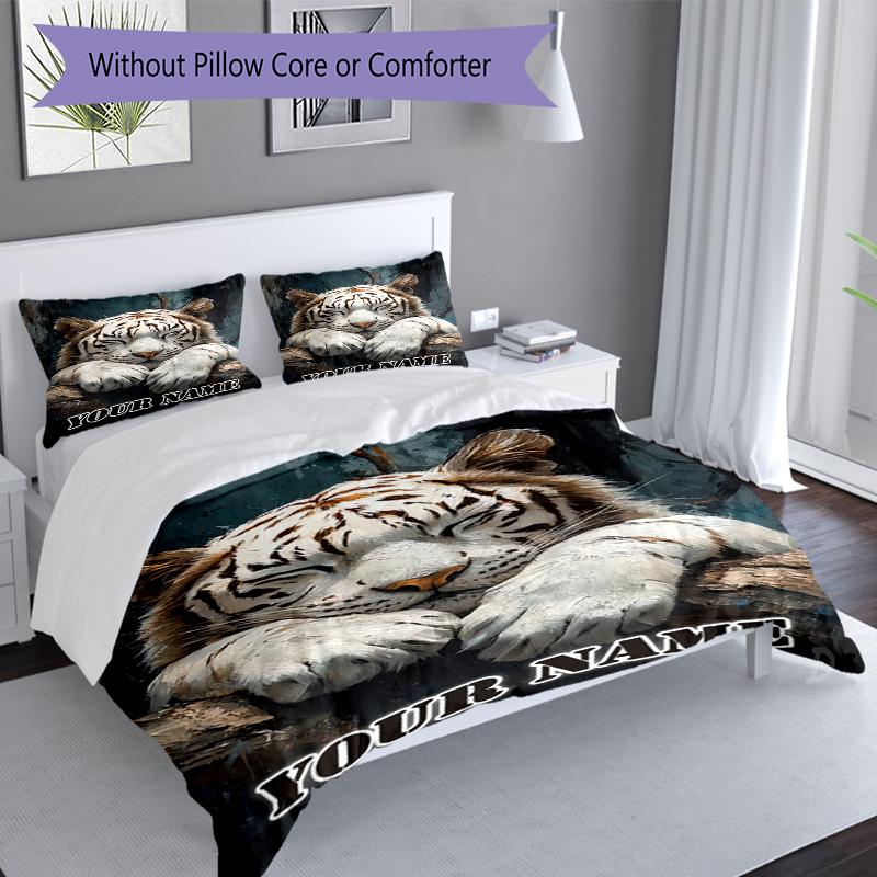 3PC Custom Name "White Tiger Dreams" Bedding Set Duvet Cover Closure Includes 1 Duvet Cover & 2 Pillowcases for Bedroom
