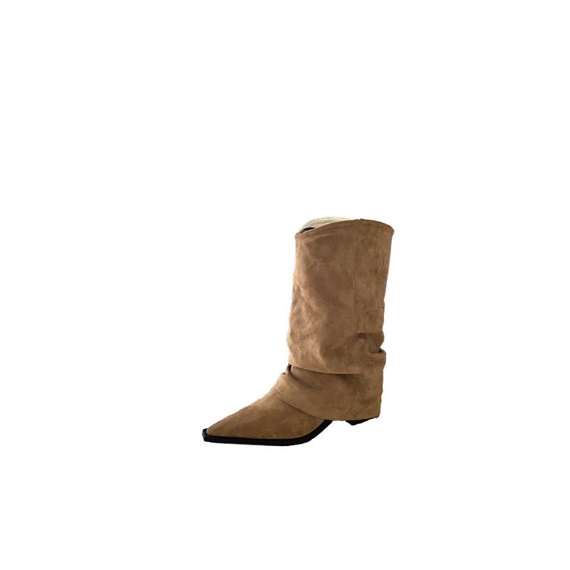 2025 spring new pointed retro suede design pleated piled boots soft leather thin trouser leg boots women