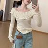 Core-spun Yarn, Gentle Wind, One-word Shoulder Fine Wool, Autumn and Winter Doll Collar Ruffle Edge Knitted Sweater with Female Inside