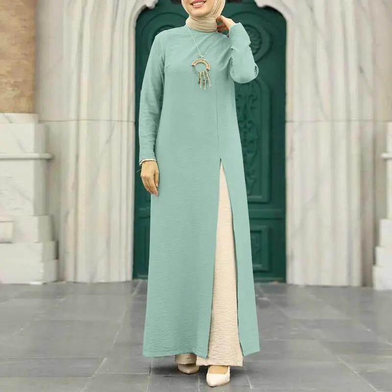 Elegant Ice Silk Crinkle Long Sleeve High-Slit Dress for Muslim Women