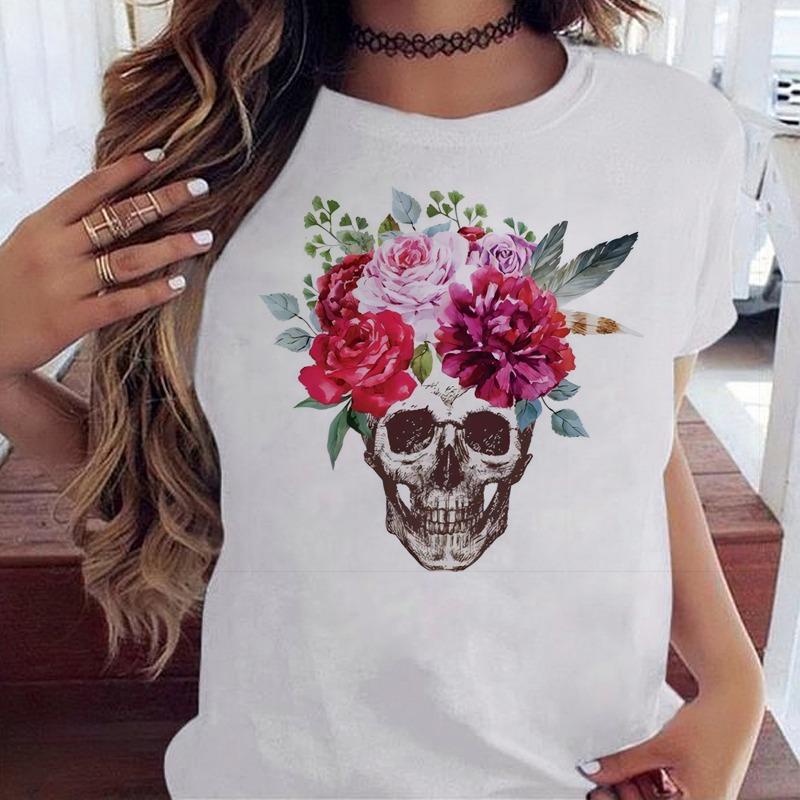 Fashion Skull Flower Print Women T Shirt Summer Casual Short Sleeve O Neck Women Tshirt