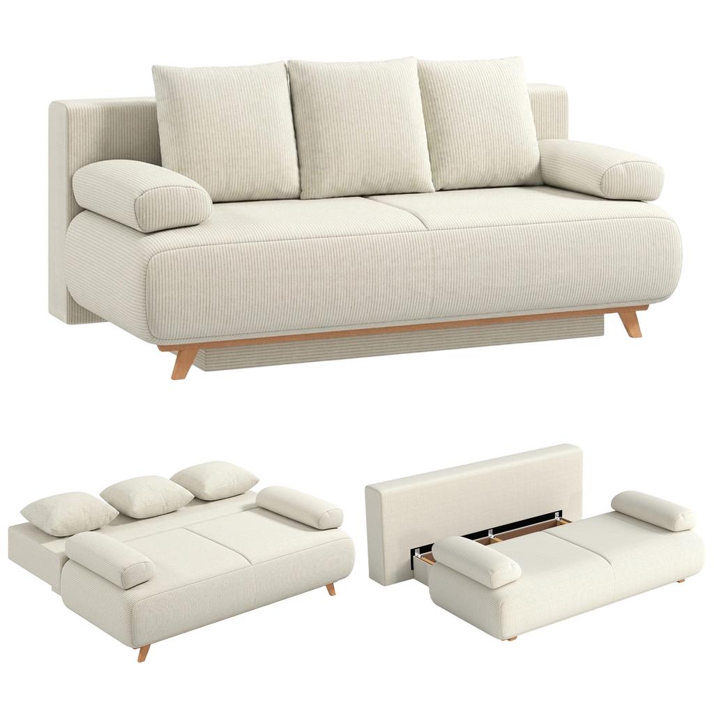 Sofa Bed with Adjustable Backrest, Bed Function, Hidden Storage and Corduroy Cover, Beige