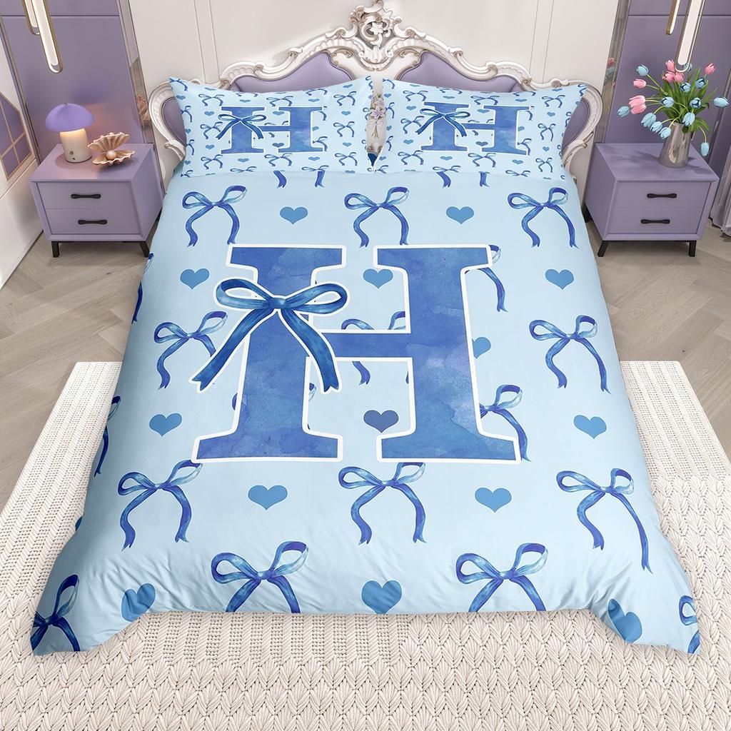 Homewish Girls Blue Bowknot Duvet Cover Set, Princess Style Bed Set, Monogrammed Bow Quilt Cover Set