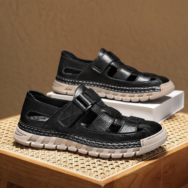 Fashion High Quality Leather Men Casual Sandals Breathable Male Summer Flats Stylish Beach Vacation Shoes Comfortable Hollow Out Loafers