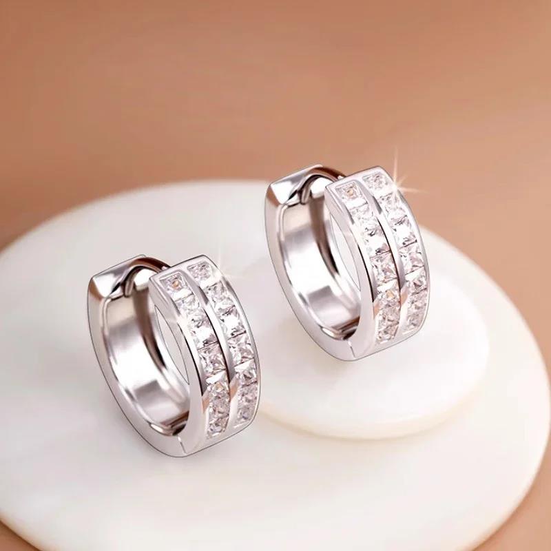 Huitan Fashion Women Hoop Earrings Simple Design Wedding Daily Versatile Accessories Inlaid Shiny CZ Silver Color Party JewelryGood Product
