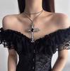 Y2K Gothic Style Black Beaded Cross Necklace & Cool Girl Sweatshirt Accessory