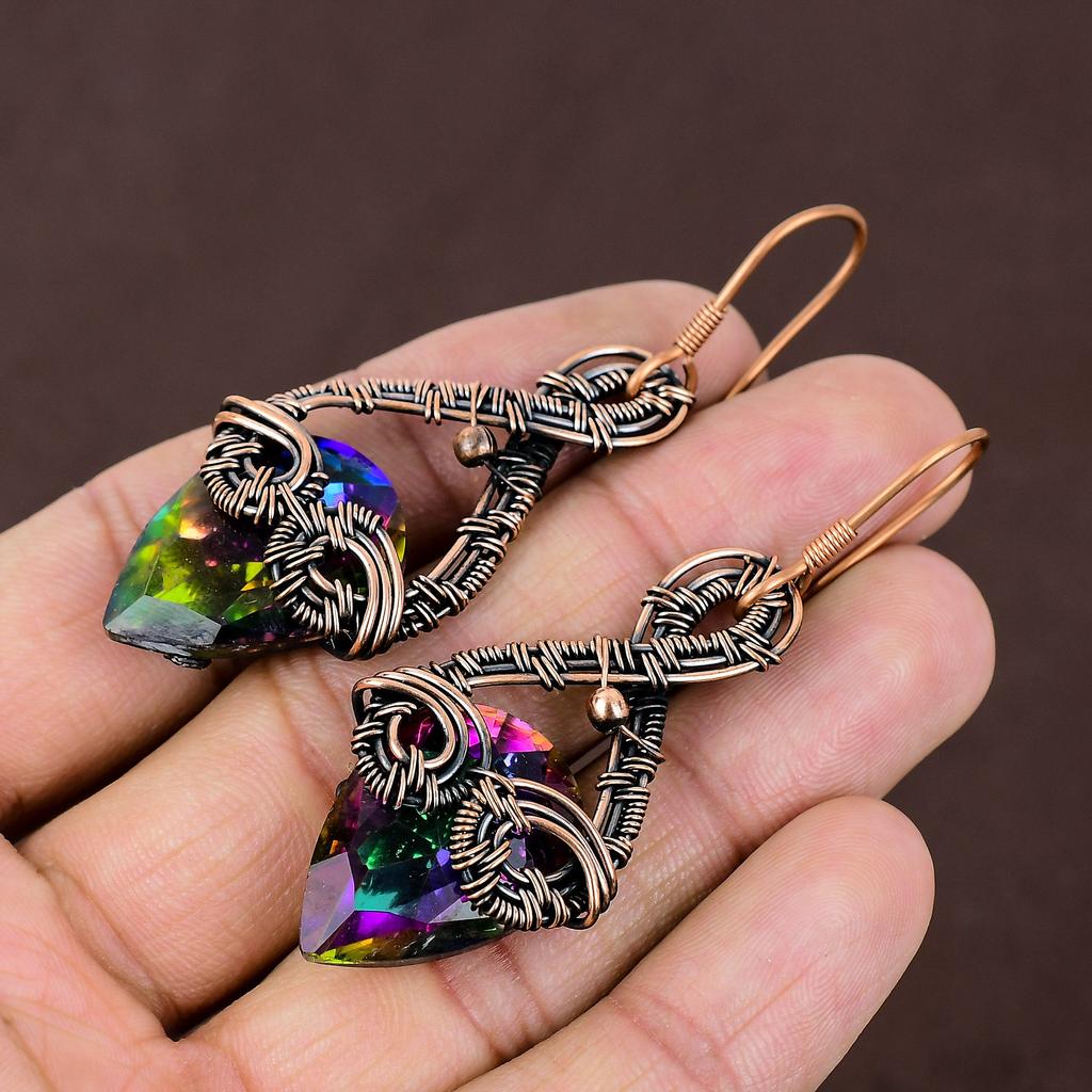 Mystic Topaz Handmade Copper Wire Wrap Jewelry Earring 2.68 H6D33