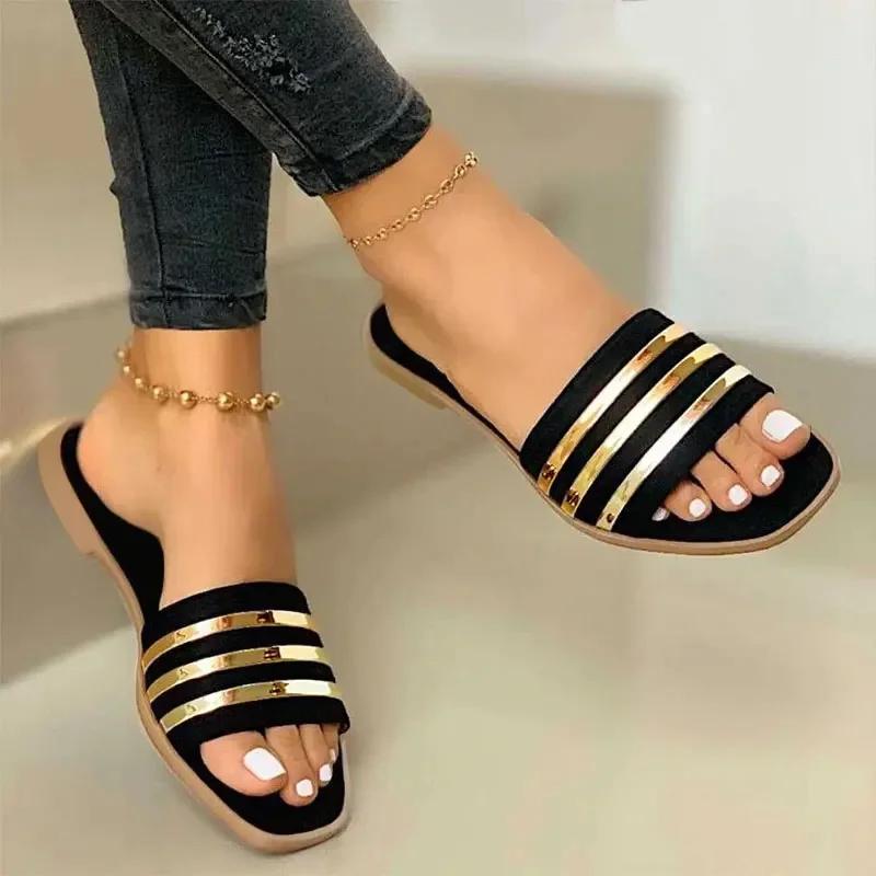Women Slippers 2024 New Metal Striped Summer Flat Shoes Fashion Slip On Slides Outdoor Female Casual Women Sandals Plus Size 43