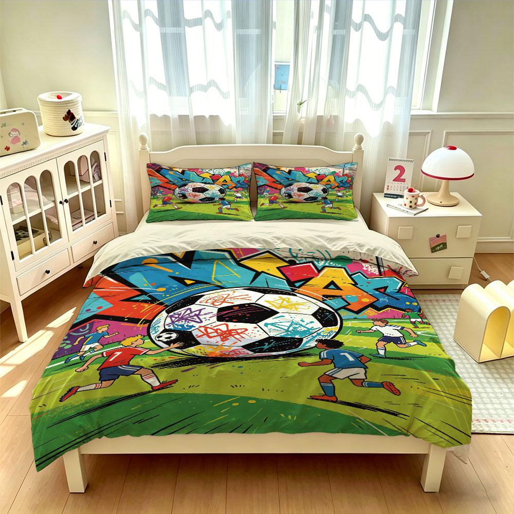 3Pcs Graffiti Style Football Print Coreless Down Duvet Cover Cool Summer Lightweight Bedding Set Multi Size Bedding Decoration