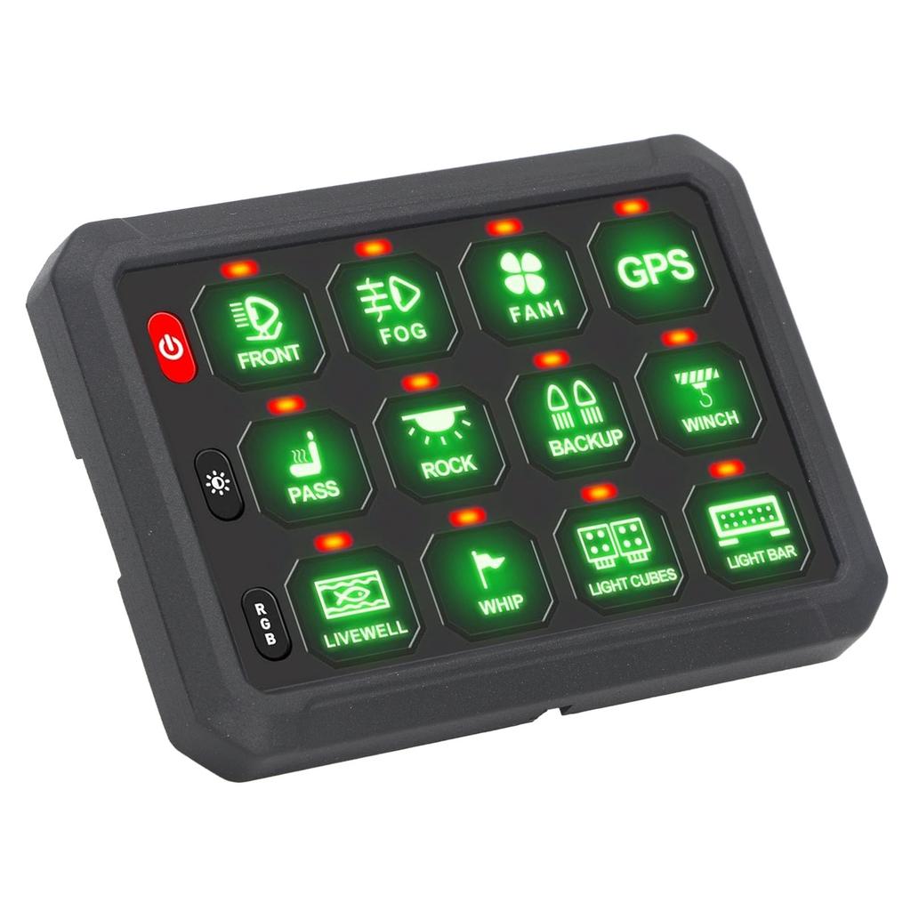 12 Gang Switch Panel Bluetooth RGB Button Circuit Control Relay System with 100A Circuit Breaker DC12‑24V