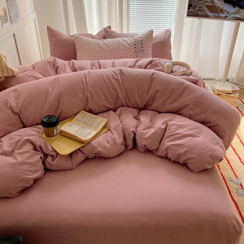 Solid INS Style Bedding Set For Adults Kids Pink Cotton Fitted Flat Sheet With Pillowcases Colorful King Queen Full Size
