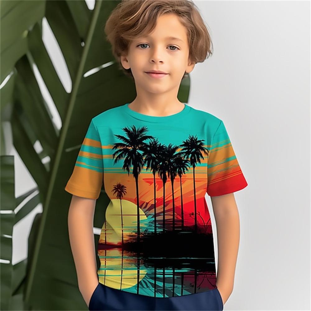 Tricou 3D Copac de Cocos pentru Băieți Mânecă Scurtă Vacanță de Vară Tropical Hawaiian Poliester Copii Gât Rotund Exterior Casual Zilnic Topuri