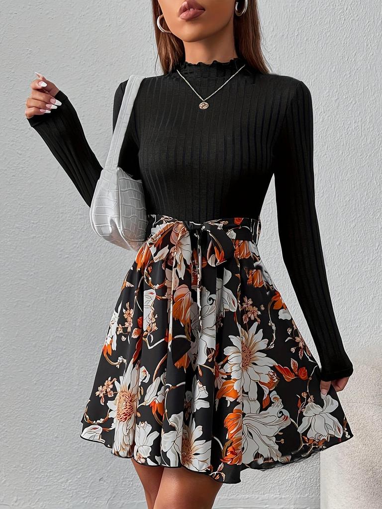Elegant High-Waist Patchwork Long-Sleeve Dress for Women