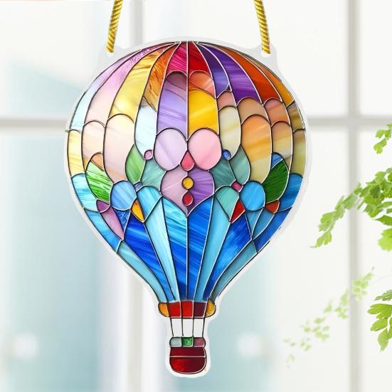 Stained Glass Style Hot Air Balloon Suncatcher 2D Acrylic Window Hanging Ornament for Home Garden Wall Window Decor