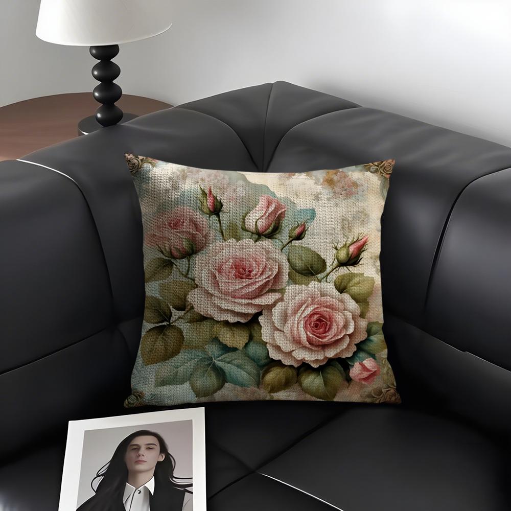 Rose Elegant Cushion Cover Natural Linen Organic Fabric DoubleSided Printing Sofa Home Decor Gift Pillow Case