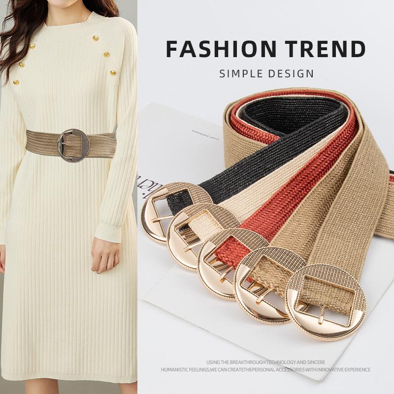 Cotton and Linen Woven Round Buckle with Skirt Belt Elastic Elastic and Tight Retro Pastoral Style Wide Waist Envelope Decorative Pin Buckle Belt