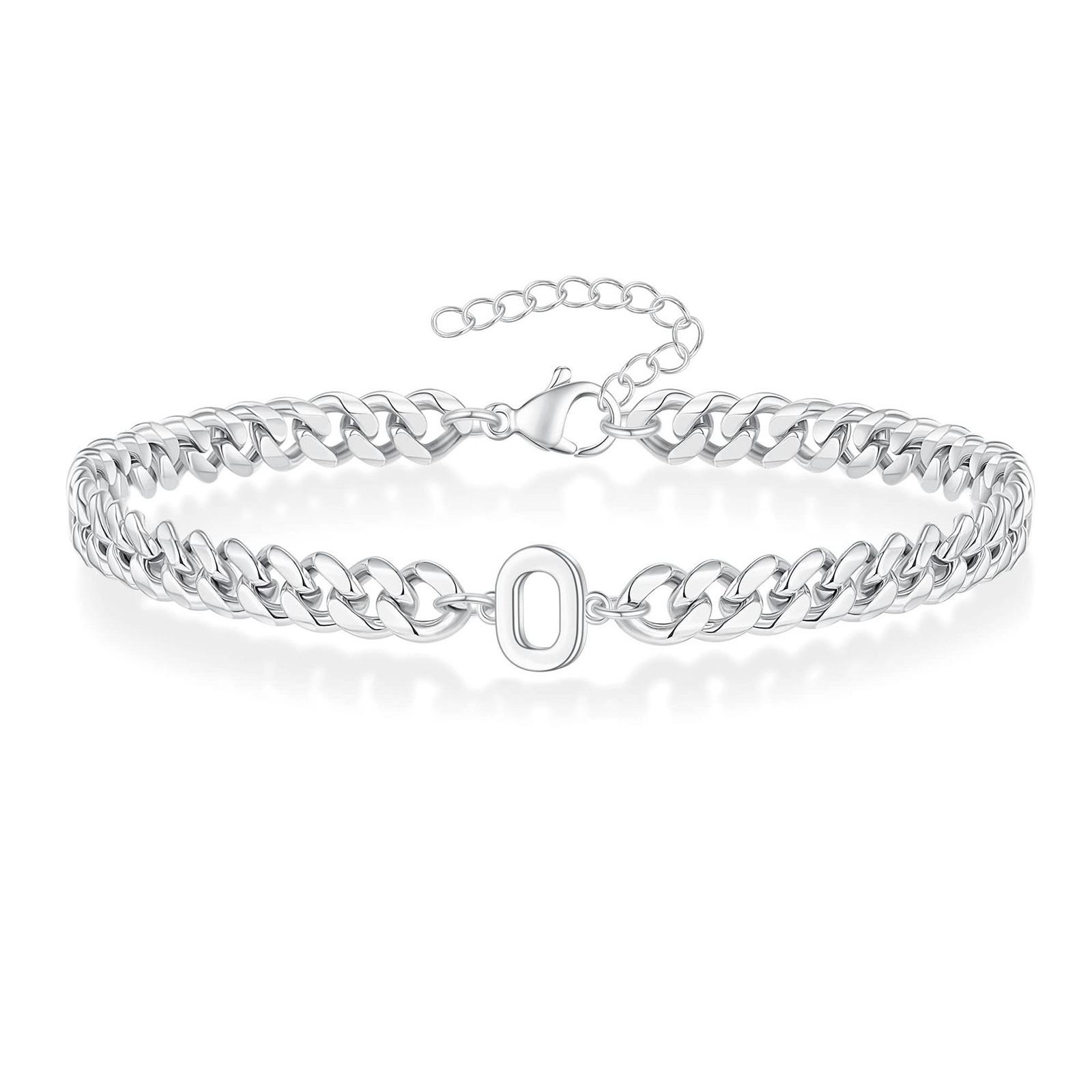 

A-Z Initial Cuban Chain Bracelets for Men Women Silver Color Stainless Steel Letters Name Charm Bracelet Birthday New Year Gift