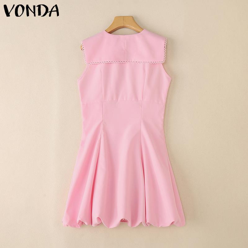 VONDA Women Sleeveless Dress Casual V Neck Bow Knot Crochet Hem Ruffled Mini Dresses