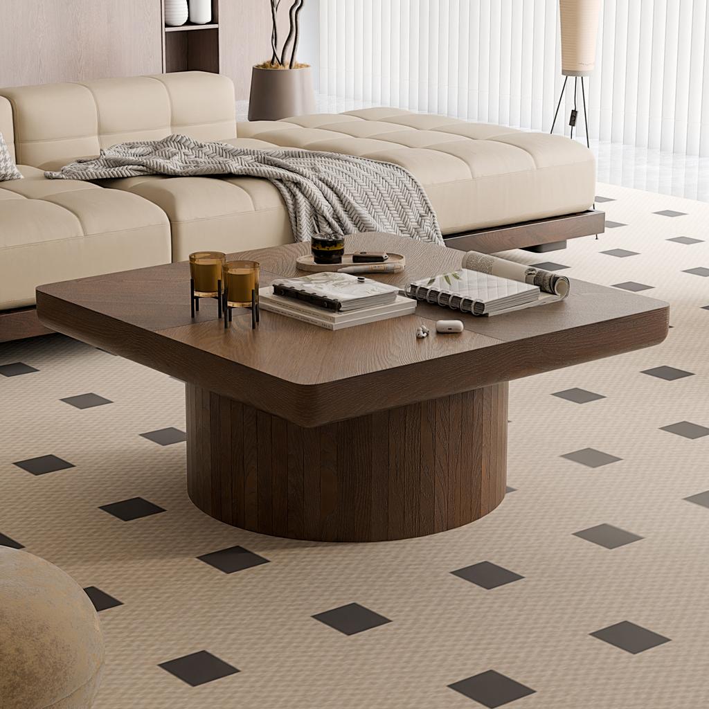 78cm Square Coffee Table for Living Room, Modern Wood Veneer Top with Parquet Pattern & Cylindrical Base, Thickened Tabletop, Easy Assembly, Walnut