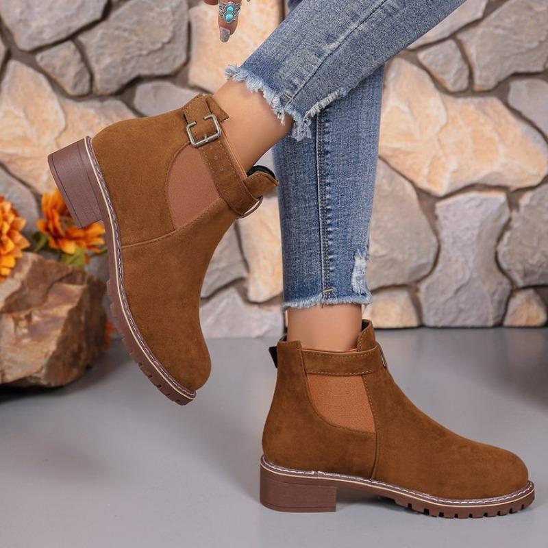 Ume Large Size Buckle with Square Heel Fashion Boots Autumn and Winter New Round Head Medium Tube Women's Boots