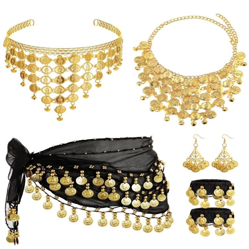 Belly Dance Costumes Bellydance Hip Scarf Wrist Bracelets Coin Head Scarf Earrings Belly Dancer Outfit Set for Womens