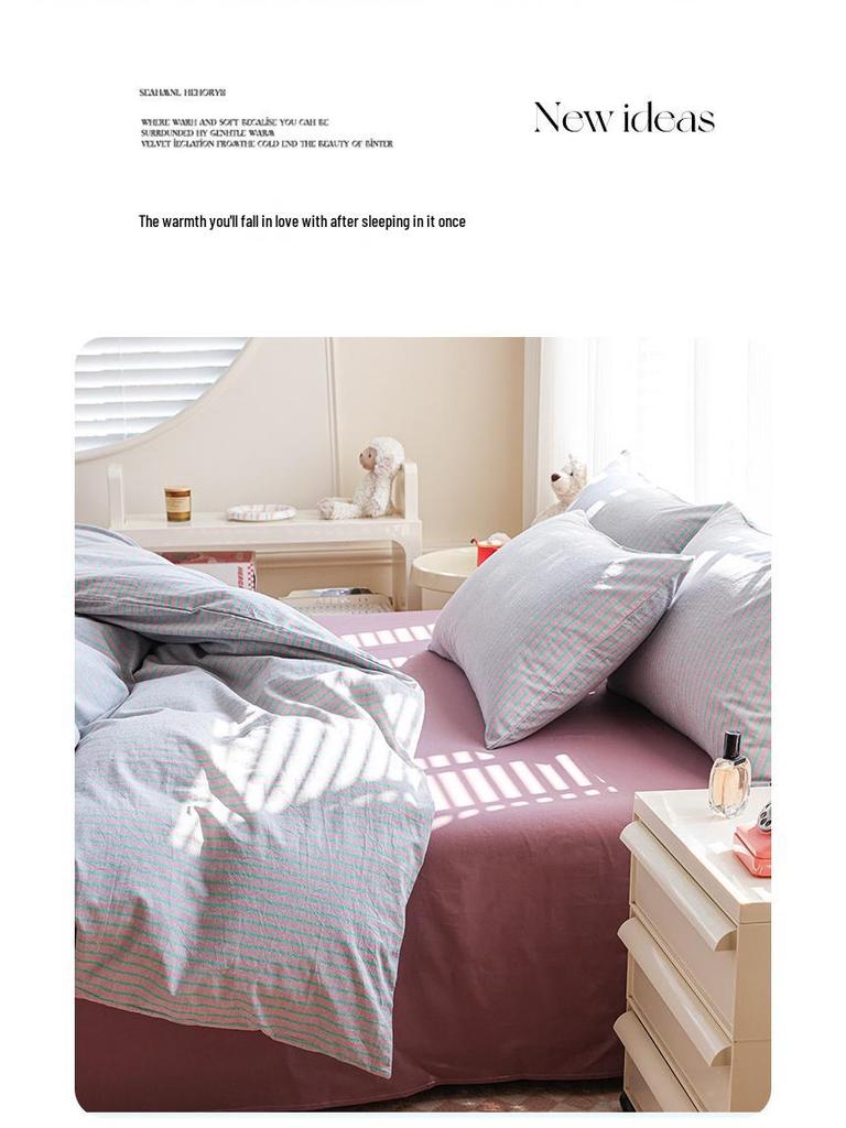 New Woven Cotton Pure 4-Piece Bedding Set: Skin-Friendly Pillowcase & Fitted Sheet