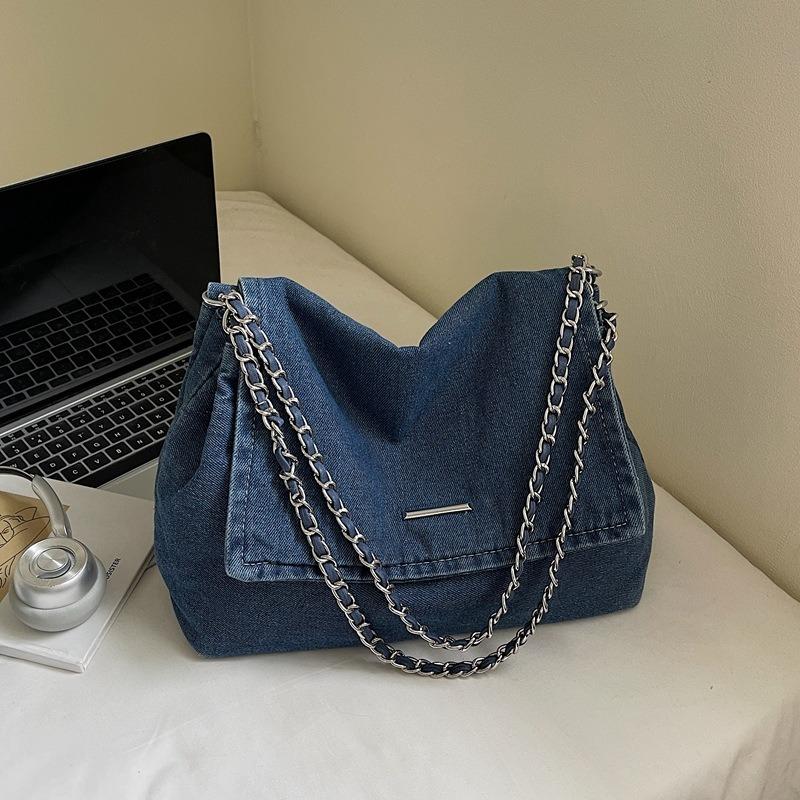 

Новая джинсовая сумка-тоут большой вместимости, повседневная сумка для покупок для студента колледжа, сумка-мессенджер на плечо для поездок на работу темно-синий