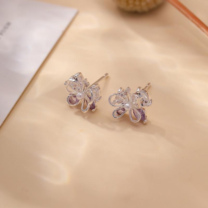 Hollow Butterfly Stud Earrings Inlaid Pink Cubic Zirconia Sparkly Elegant Sweet Daily Wear Jewelry For Women Ladies