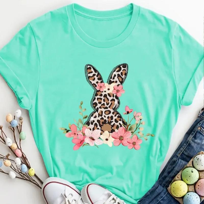 Fashion Women Leopard Rabbit Floral Print T Shirt Funny Casual O-neck Short Sleeves T-shirt Summer Female Tee Shirt