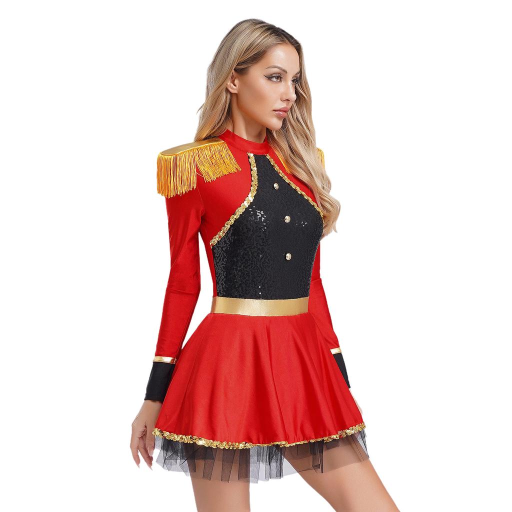 S-XXL Damski Kostium Cyrkowca Body Sukienka Długie Rękawy Frędzle Naszywki na Ramionach Błyszczące Płatki Kostium Cyrkowy Kostium na Halloween