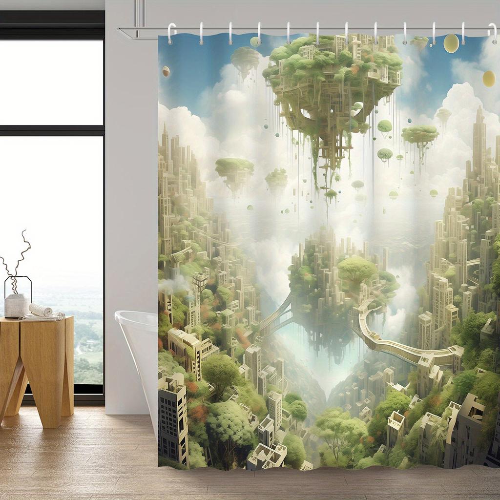 Cartoon Green Forest Mobile Castle Shower Curtain, 12 Hooks, Polyester Fabric for Bath & Shower Decor