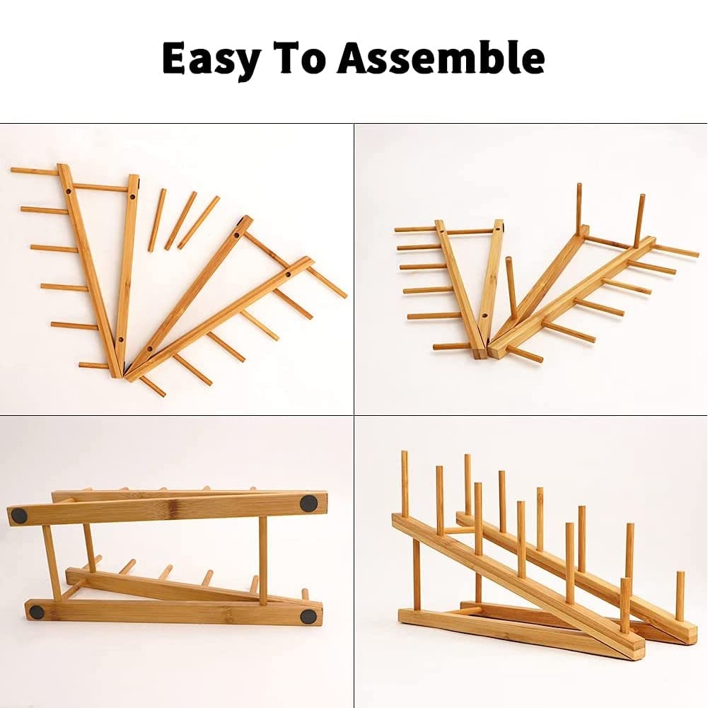 Haskoss 2-Piece Wooden Dish Rack, Bamboo Plate Rack Stand with Pot Lid Holder, Dish Drying Rack for Kitchen Cabinet Organizer