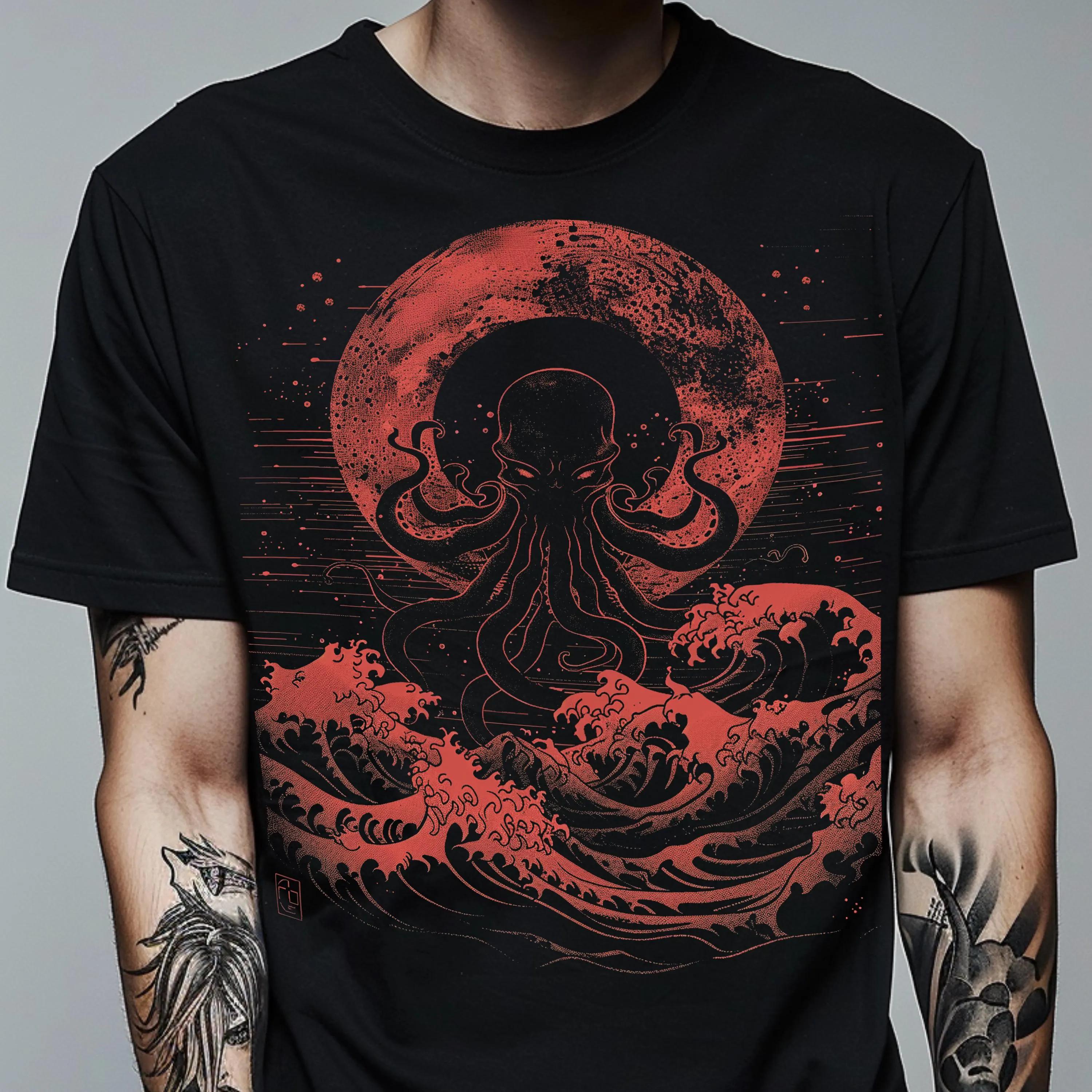 

Cthulhu T-Shirt Japanese Wave Gothic Horror Alt Clothing Graphic T Shirts Retro Streetwear Crew-neck Short-sleeved Men T-shirt S разноцветный