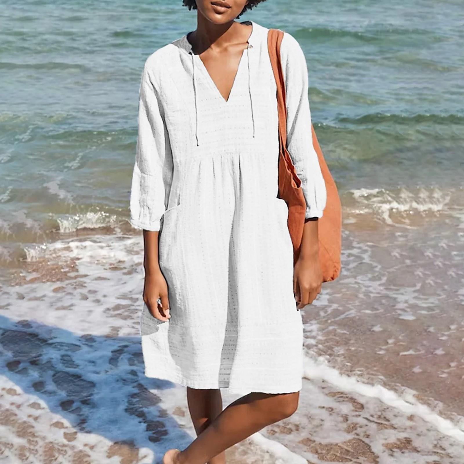 

Женское однотонное хлопково-льняное платье с v-образным вырезом, повседневное свободное платье с карманами XL белый