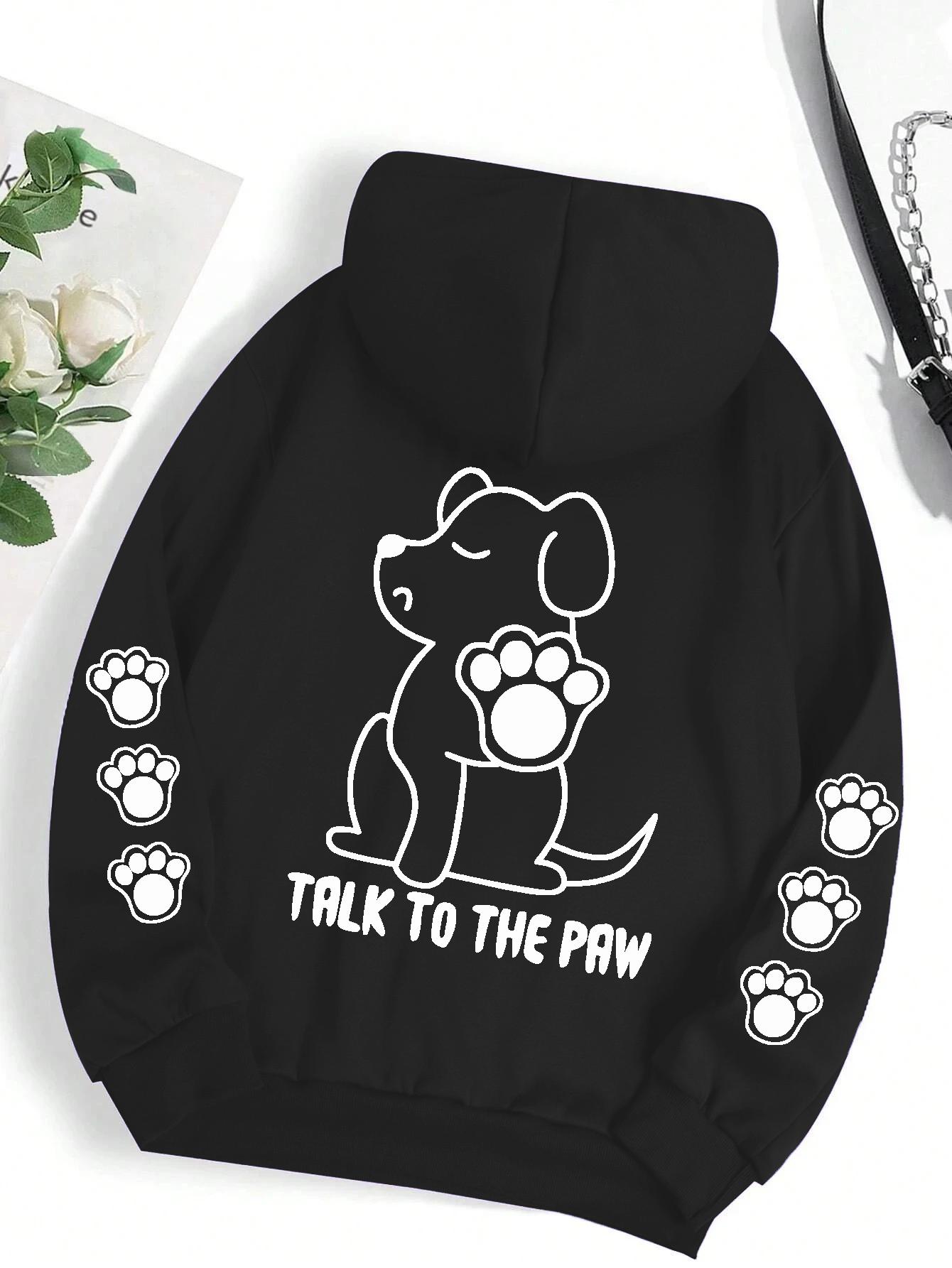 

Talk To The Paw Funny Dog Cartoon Print Hoodie Women Men Warm Fleece Hoody Fashion Casual Hooded Autumn Loose Round Neck Tops 3XL