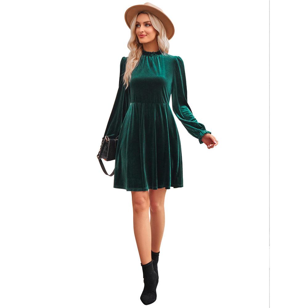 Samtkleid für Damen Winter Casual Hoher Hals Samt Einfarbig Schlanke Taille Kleid Herbst Winter Promi Partykleider
