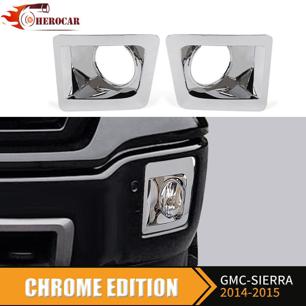 2PCS Chrome Front Fog Light Lamp Covers Bezels For GMC SIERRA 14-15 Accessories