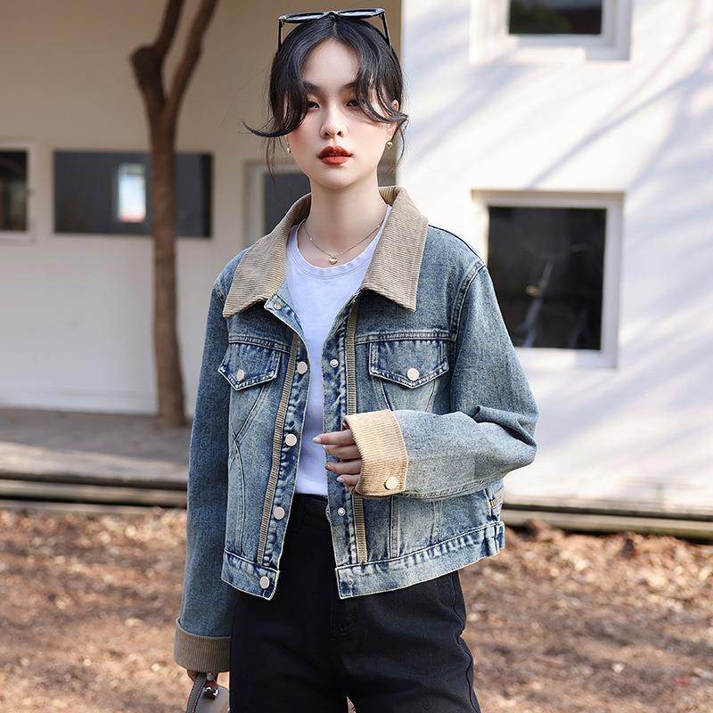 Retro contrasting color splicing denim jacket women's spring loose design sense niche small short jacket top tide