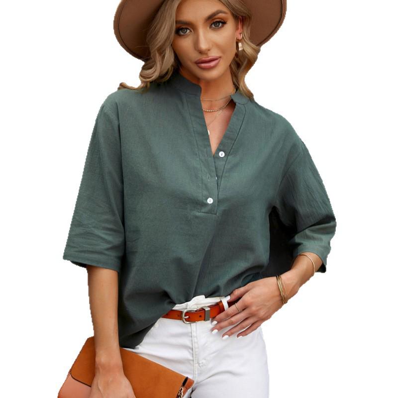 2026 Women's Casual Solid Color Five-Sleeve Loose Plus Size Pullover Shirt