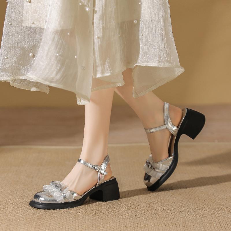 Mary Jane thick heel silver bag head sandals summer soft sole empty single shoes high heels women