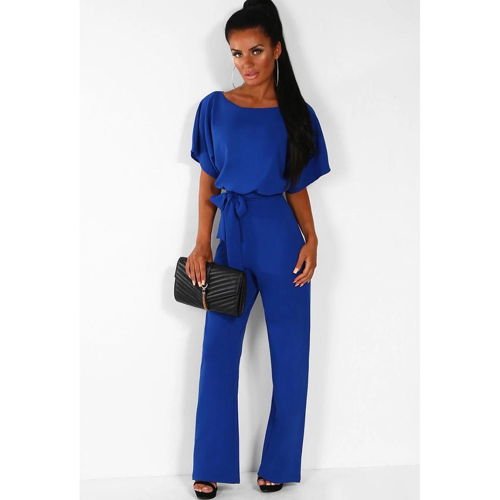Women's clothing summer Jumpsuit, Elegant Short Sleeve Hollowed Waist Tie Solid Summer Wide Leg Pants