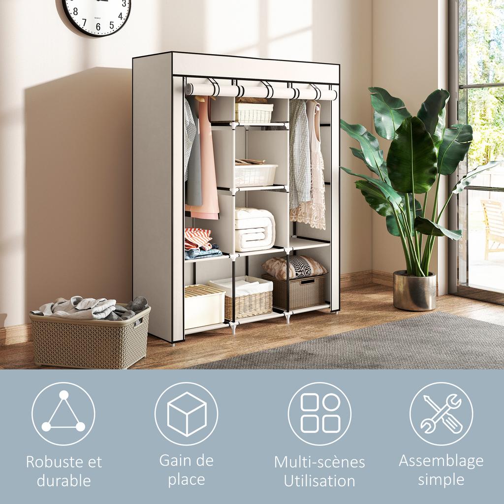 Multi-Storage Wardrobe, 8 Shelves, 2 Hanging Rails, Cream Non-Woven Fabric